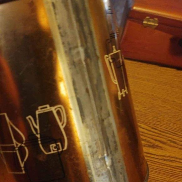 Vintage MCM Copper Coffee Tin Storage Container W/ Lid Graphic Print Pots - Picture 7 of 14